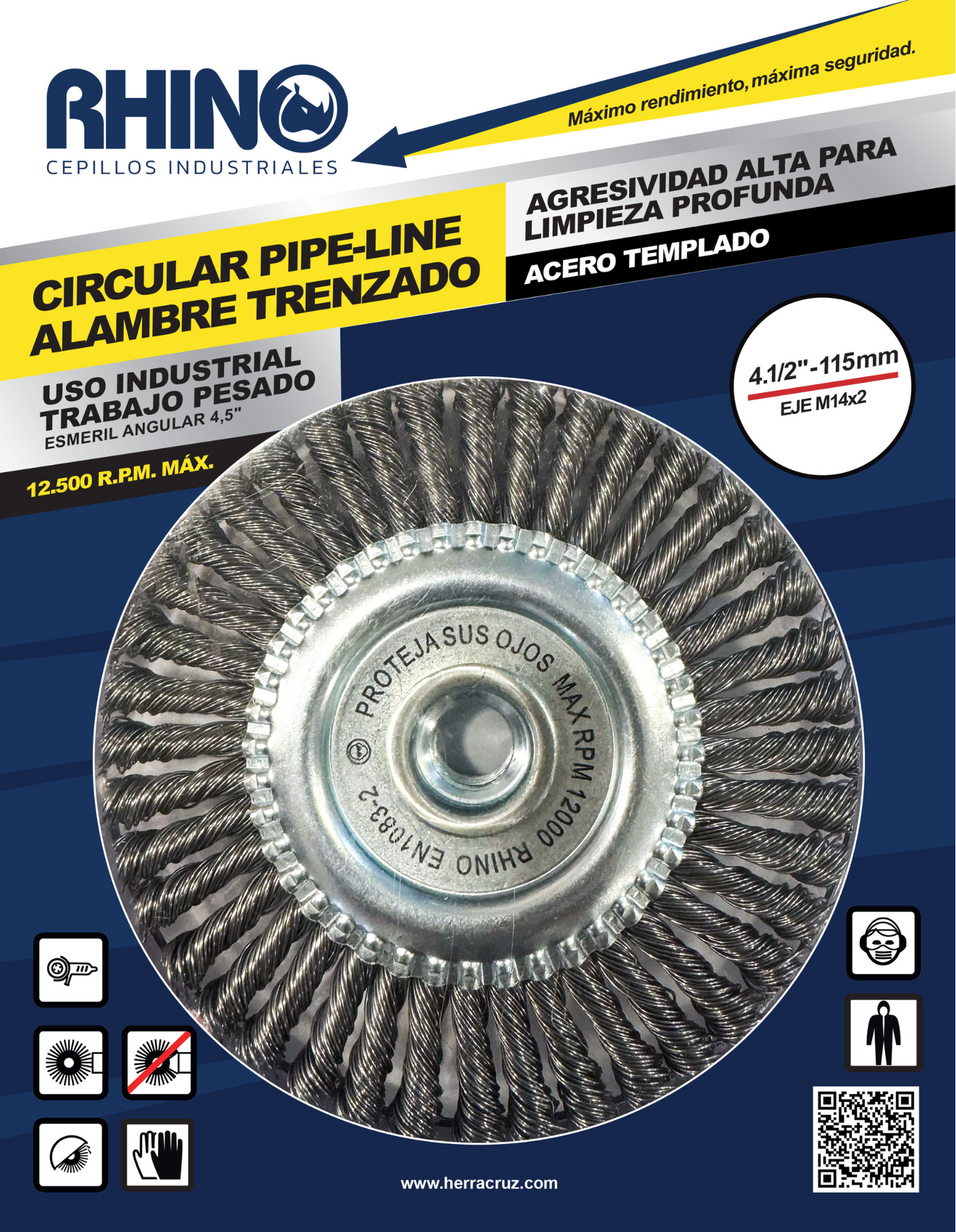 Cepillo Circular de Acero Trenzado 4.1/2" con Tuerca M14 RHINO