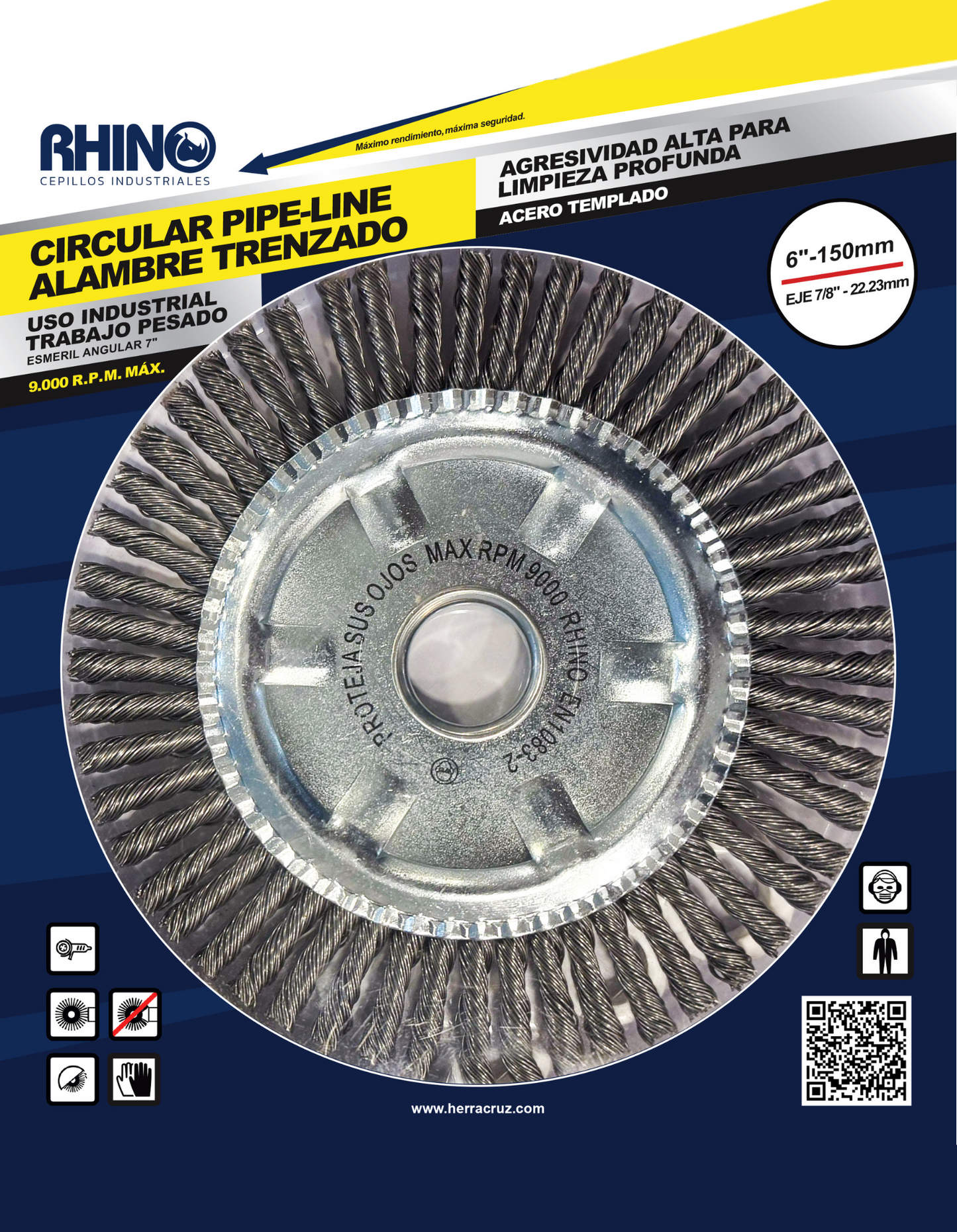 Cepillo Circular de Acero Trenzado 6" sin Tuerca RHINO