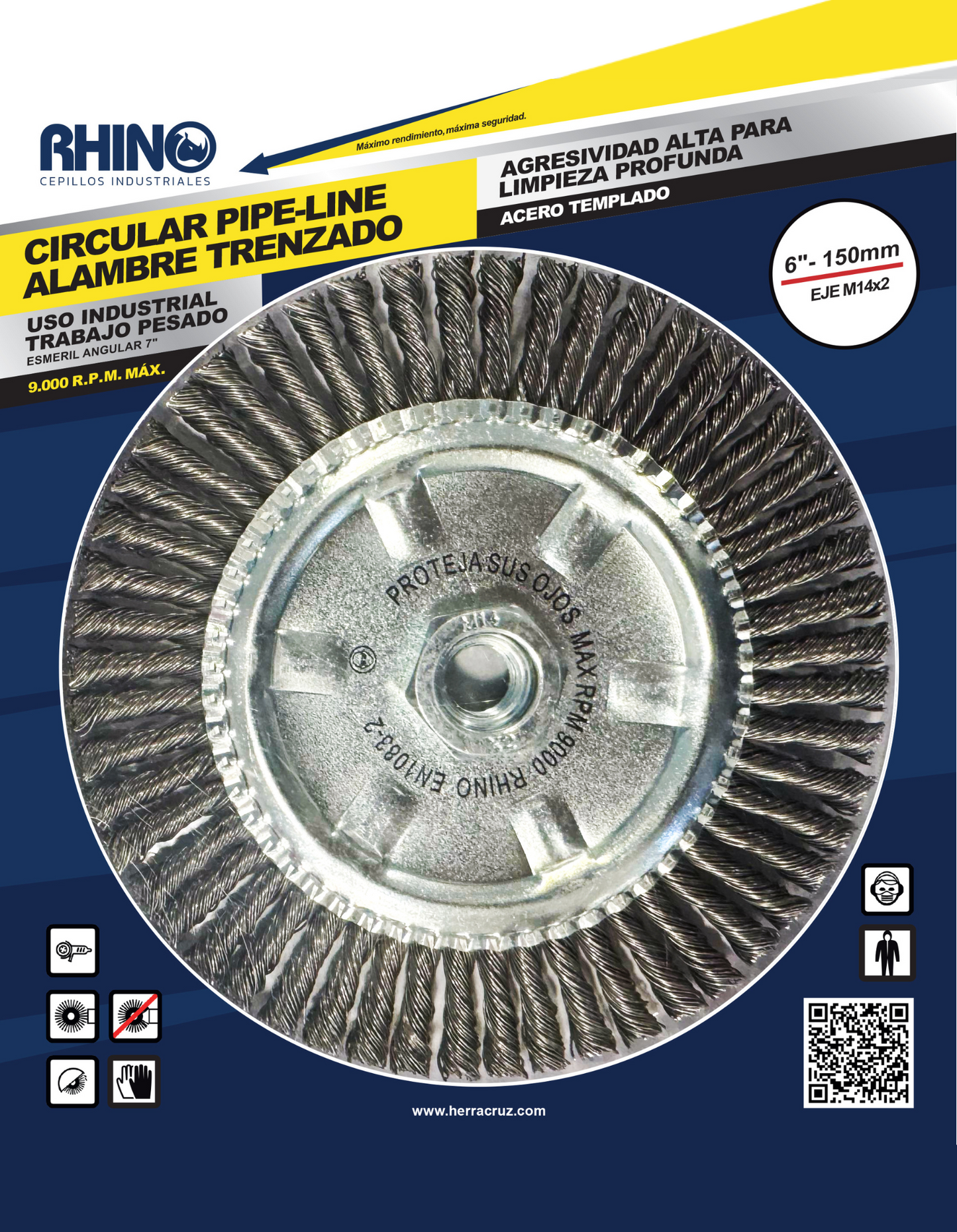 Cepillo Circular de Acero Trenzado 6" con Tuerca M14 RHINO
