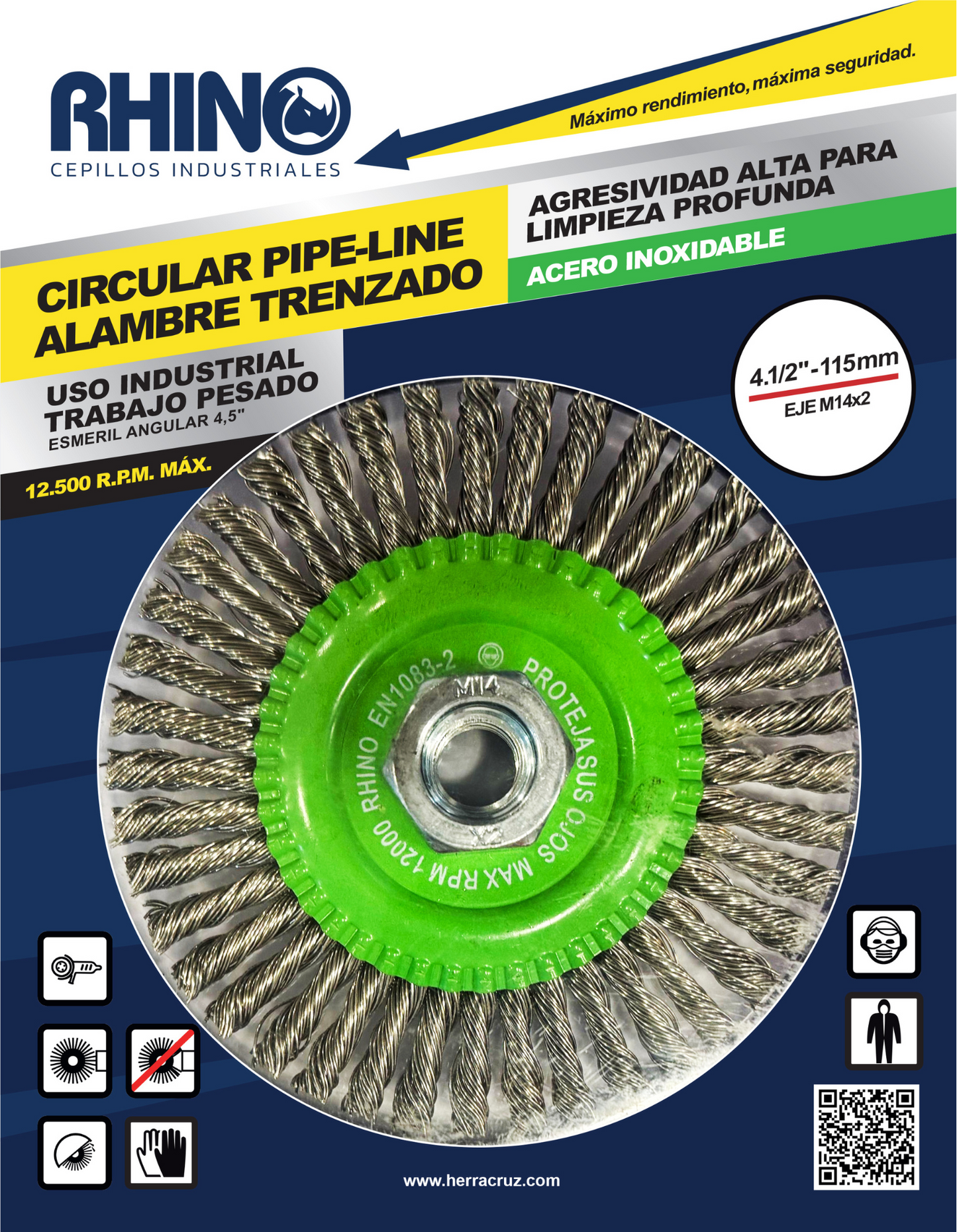 Cepillo Circular de Acero Inoxidable 4.1/2" con Tuerca M14 RHINO