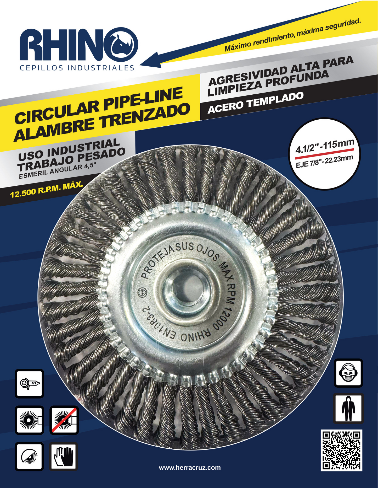 Cepillo Circular de Acero Trenzado 4.1/2" sin Tuerca RHINO