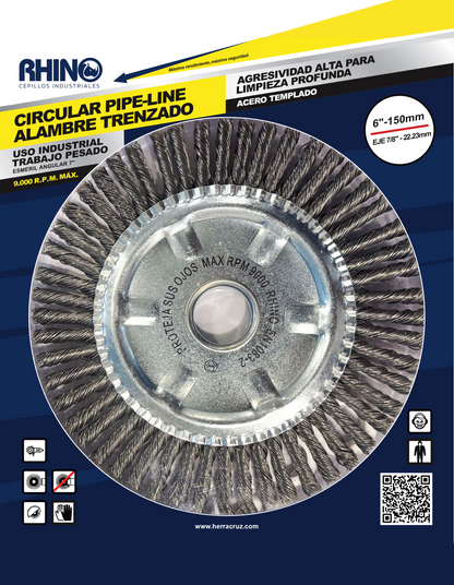 Cepillo Circular de Acero Trenzado 6" sin Tuerca RHINO