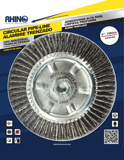 Cepillo Circular de Acero Trenzado 6" con Tuerca M14 RHINO