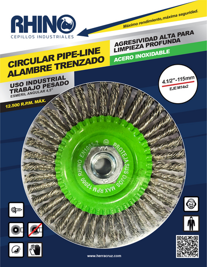 Cepillo Circular de Acero Inoxidable 4.1/2" con Tuerca M14 RHINO